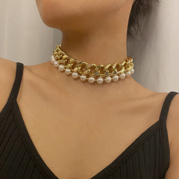 N2615 - Layered Pearl Thick Gold Collar Necklace